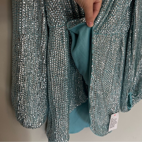New ASOS DESIGN Wrap Mini Dress with Volume Sleeve in Mint Sequin - Picture 12 of 14
